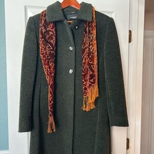 Jones New York Women's Dark Green Wool Blend Coat with Patterned Fringe Scarf
